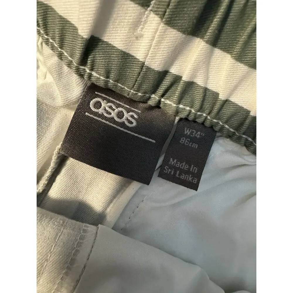 Asos Pull On Shorts Mens 34 Green Striped Drawstring Stretch Elastic Waist 8”